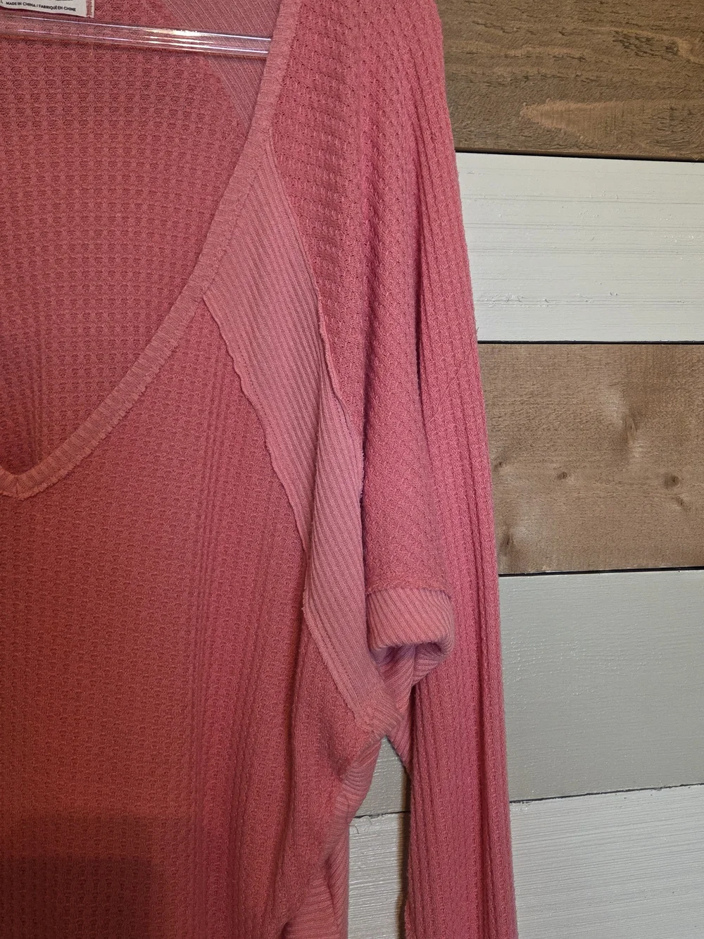 Free People Pink Ribbed V-Neck Long Sleeve Top